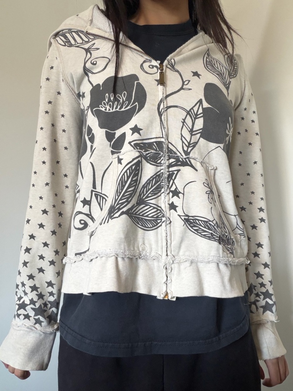 Billabong Cream Zip-Up Hoodie with Black Floral & Star Print